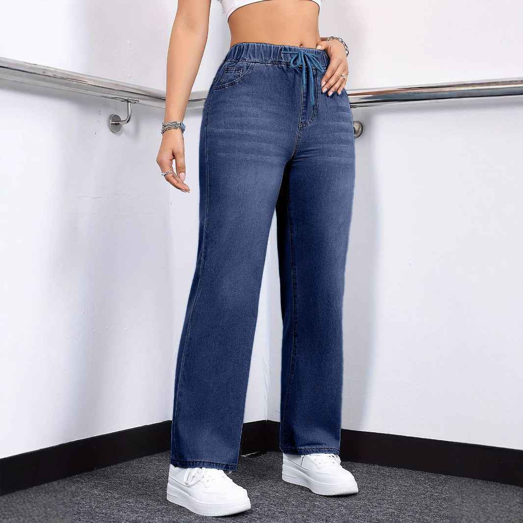 Oversized Jeans Drawstring Elastic Waistband Plain Washed Blue Casual - Leggings Co