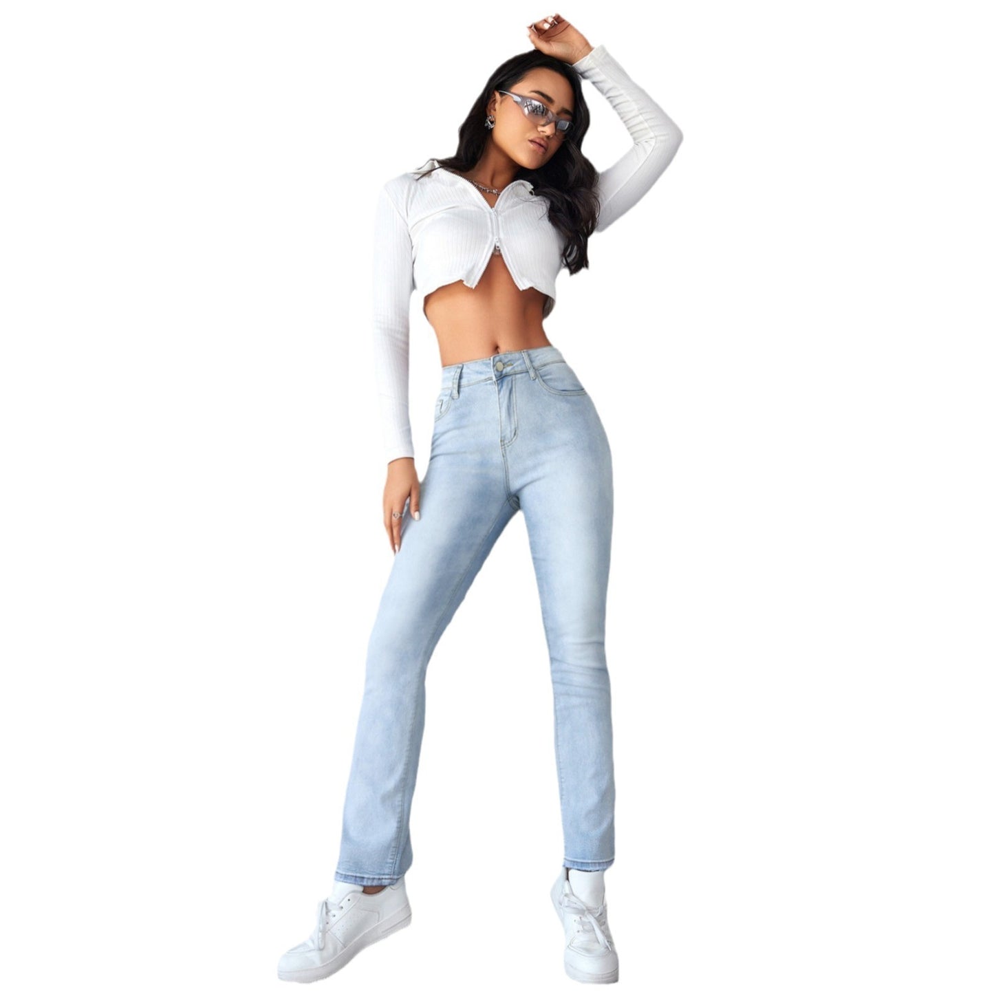Women's Straight Leg Slim Fit Jeans, Fashionable And Simple Light Blue Pants - Leggings Co