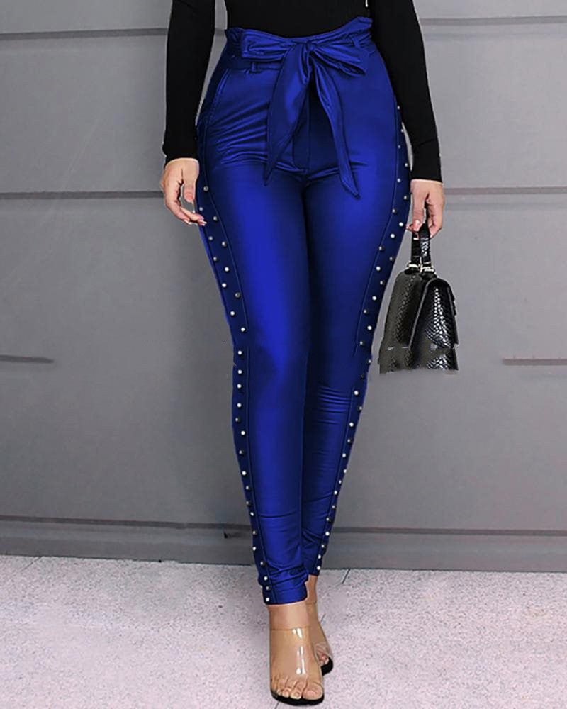 Royal Blue Spandex Leggings - Stylish High-Waist Shiny Tie-F