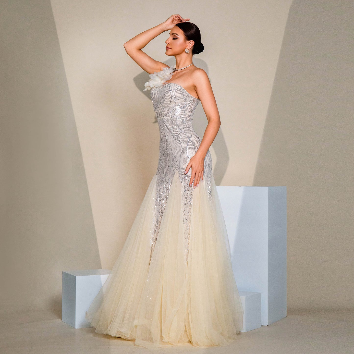 One-shoulder Diagonal Collar Slim-fit Sheath Sequined Slit Evening Dress - Leggings Co