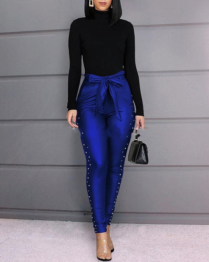 Royal Blue Spandex Leggings - Stylish High-Waist Shiny Tie-F