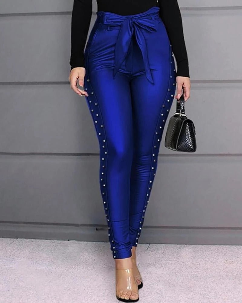 Royal Blue Spandex Leggings - Stylish High-Waist Shiny Tie-F