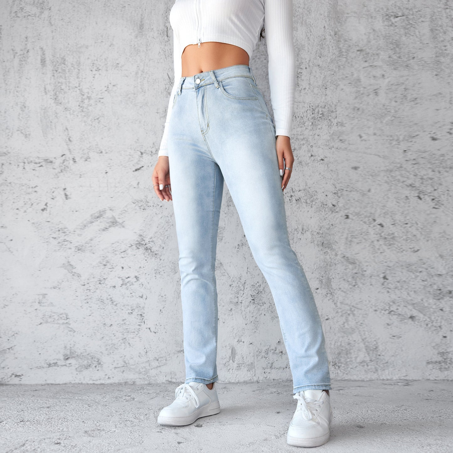 Women's Straight Leg Slim Fit Jeans, Fashionable And Simple Light Blue Pants - Leggings Co