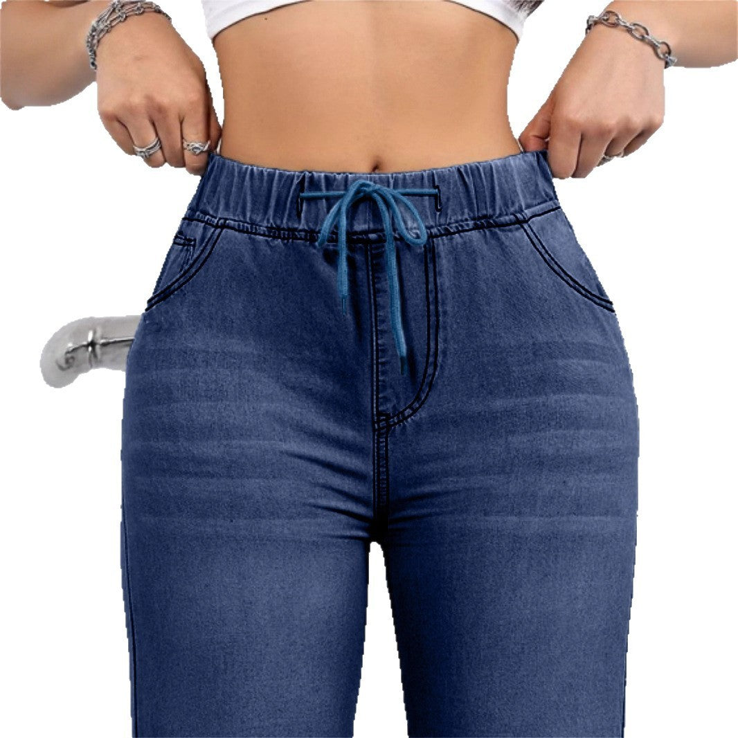 Oversized Jeans Drawstring Elastic Waistband Plain Washed Blue Casual - Leggings Co