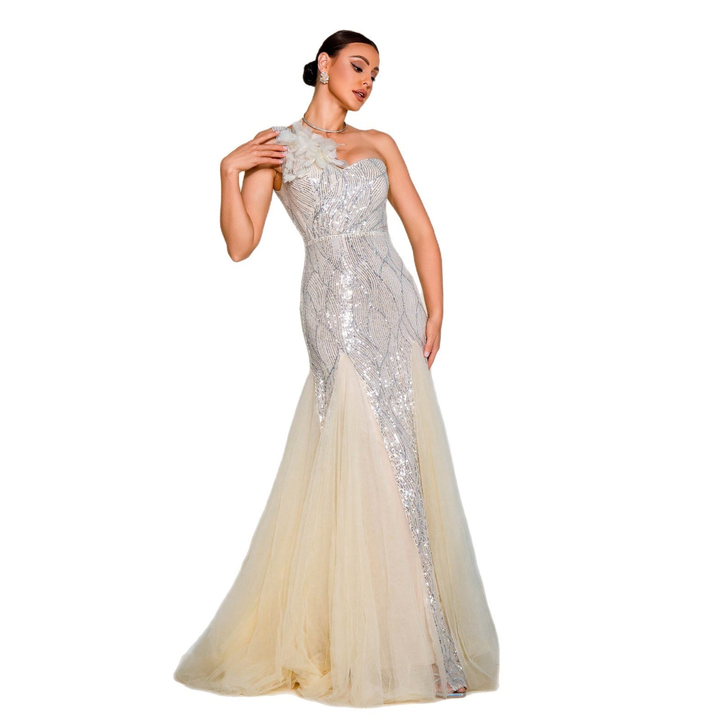 One-shoulder Diagonal Collar Slim-fit Sheath Sequined Slit Evening Dress - Leggings Co