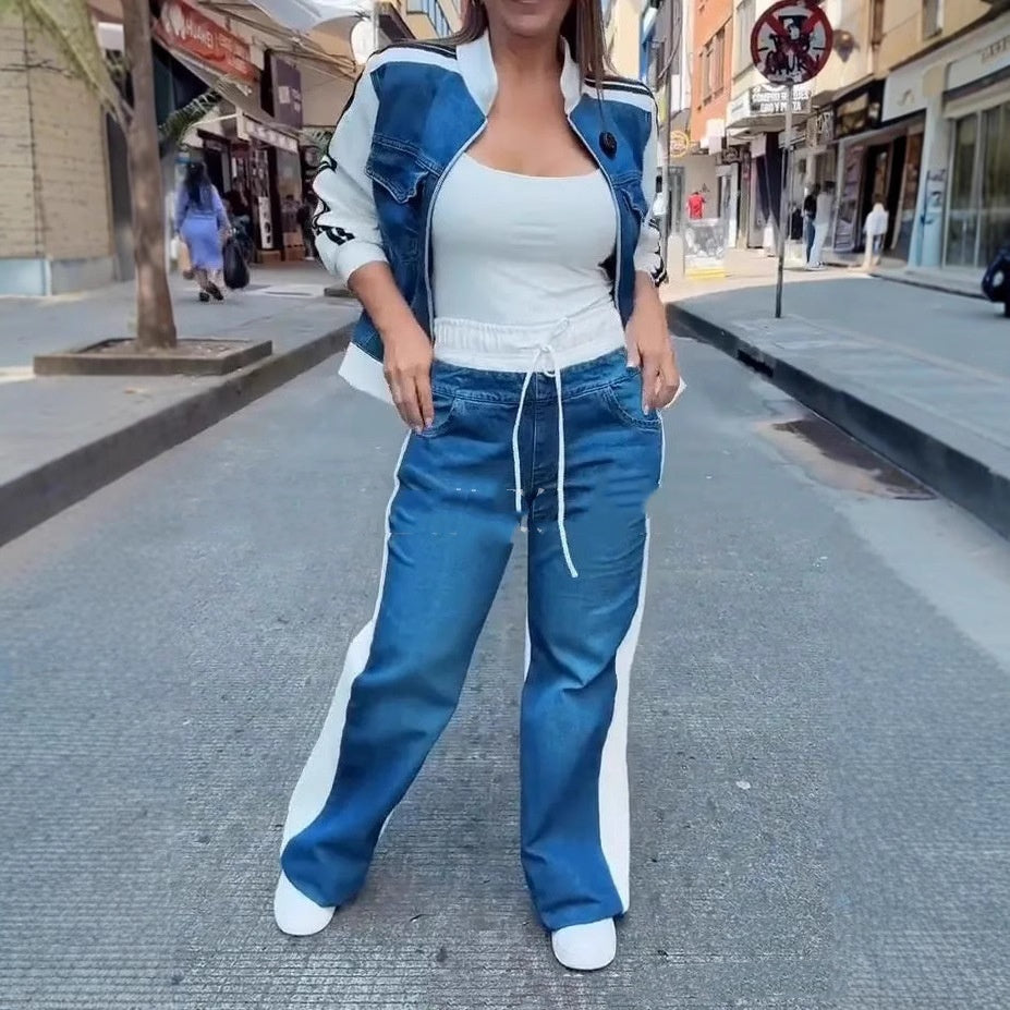 Women's Fashion Denim Stitching Long-sleeve Zipper Two-piece Set - Leggings Co