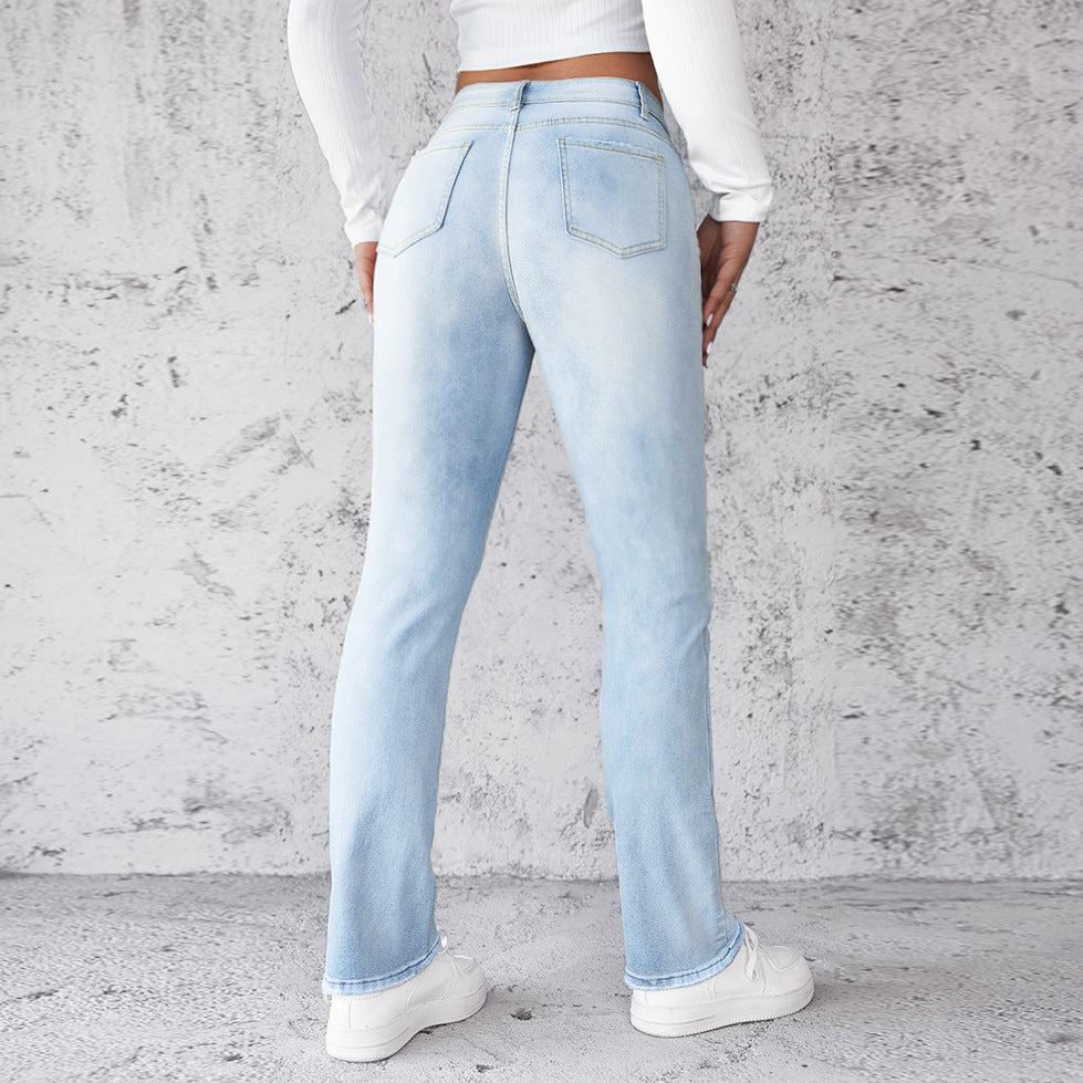 Women's Straight Leg Slim Fit Jeans, Fashionable And Simple Light Blue Pants - Leggings Co