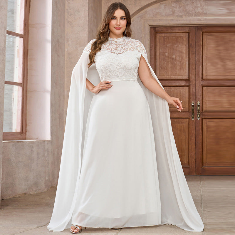 Women's Plus Size Solid Color Elegant Chiffon Round Neck Lace Stitching Cloak Evening Dress - Leggings Co