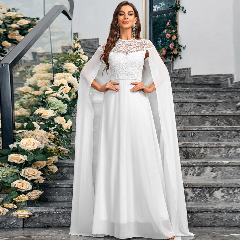 Women's Plus Size Solid Color Elegant Chiffon Round Neck Lace Stitching Cloak Evening Dress - Leggings Co