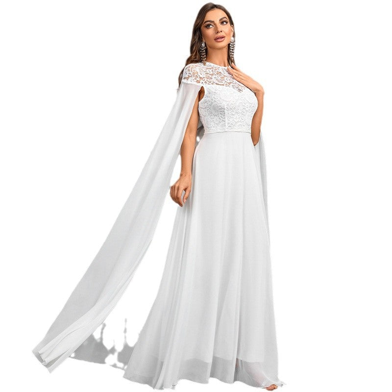 Women's Plus Size Solid Color Elegant Chiffon Round Neck Lace Stitching Cloak Evening Dress - Leggings Co