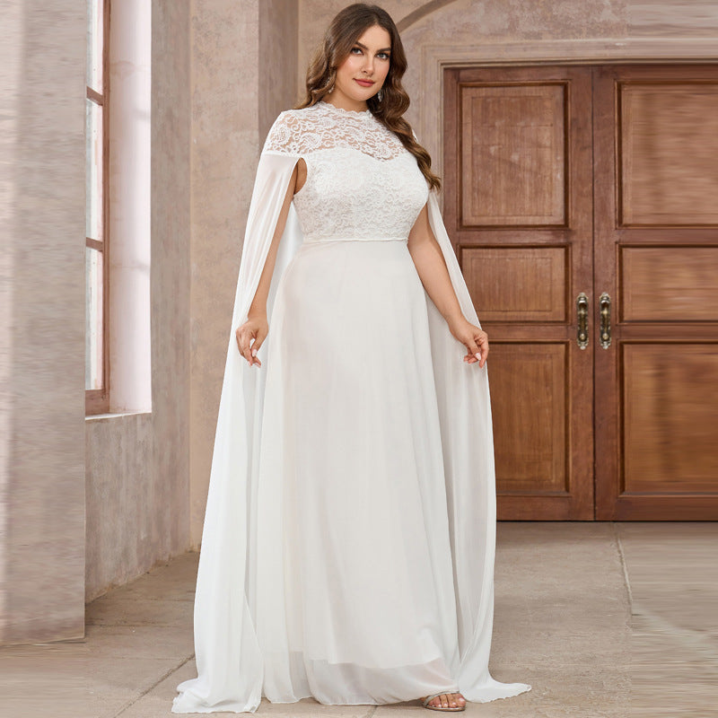 Women's Plus Size Solid Color Elegant Chiffon Round Neck Lace Stitching Cloak Evening Dress - Leggings Co