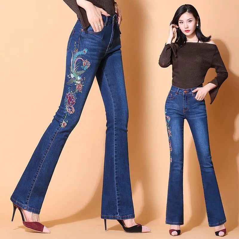 Women's Embroidered Skinny Jeans New High Waist Trousers - Leggings Co
