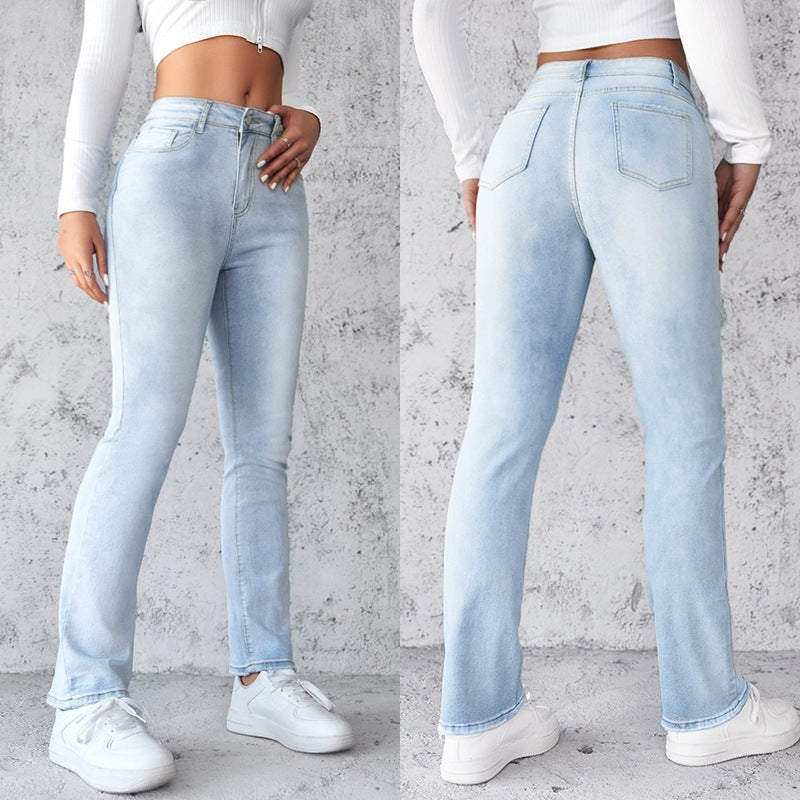 Women's Straight Leg Slim Fit Jeans, Fashionable And Simple Light Blue Pants - Leggings Co