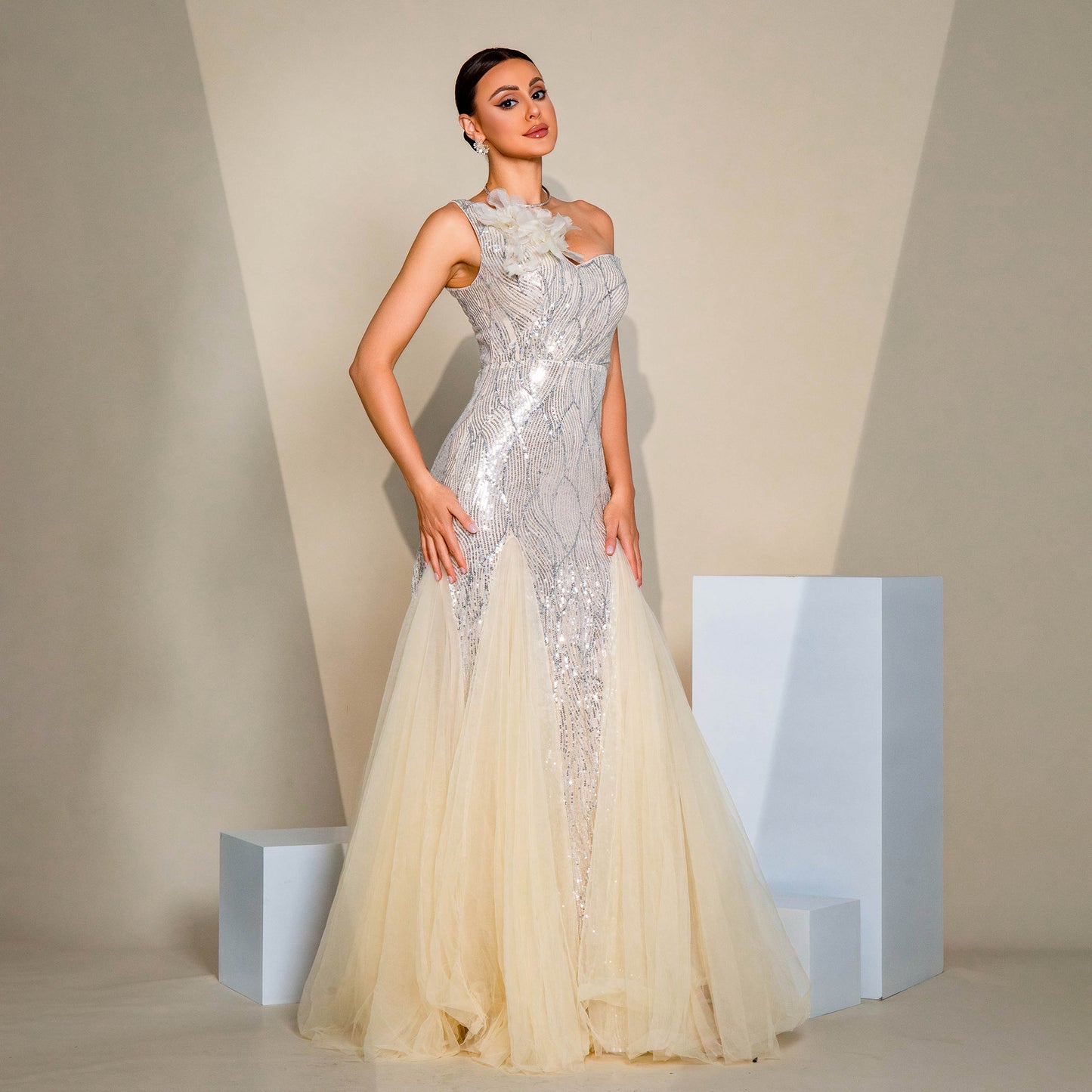 One-shoulder Diagonal Collar Slim-fit Sheath Sequined Slit Evening Dress - Leggings Co
