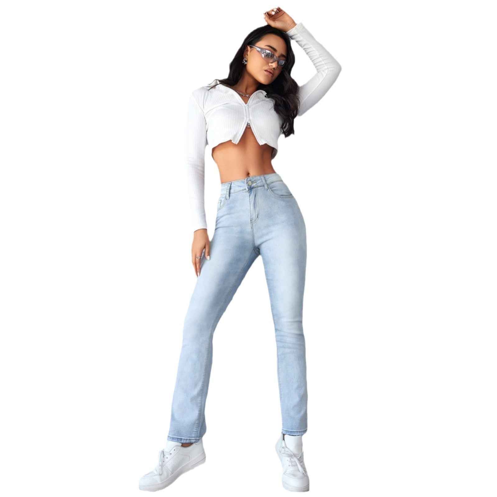 Women's Straight Leg Slim Fit Jeans, Fashionable And Simple Light Blue Pants - Leggings Co