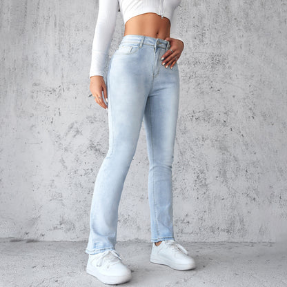 Women's Straight Leg Slim Fit Jeans, Fashionable And Simple Light Blue Pants - Leggings Co