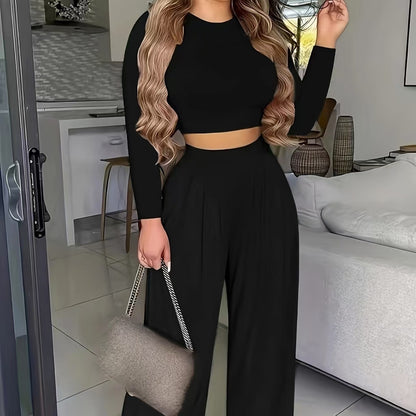 Women's Two-Piece Set: Solid Color Long Sleeve T-Shirt and Matching Bottoms