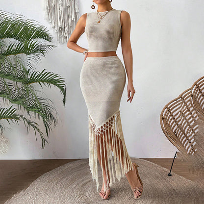 Two Piece Skirt Set For Women - Sleeveless Crop Top And Body