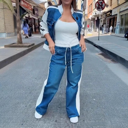 Women's Fashion Denim Stitching Long-sleeve Zipper Two-piece Set - Leggings Co