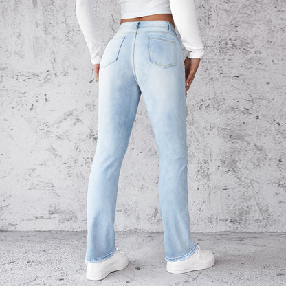 Women's Straight Leg Slim Fit Jeans, Fashionable And Simple Light Blue Pants - Leggings Co