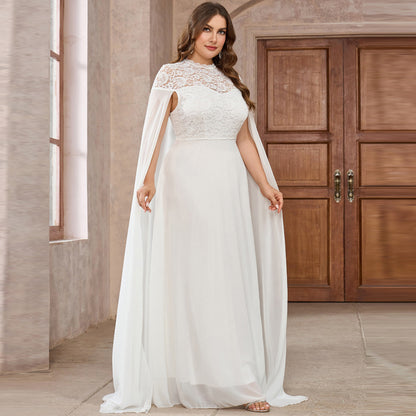 Women's Plus Size Solid Color Elegant Chiffon Round Neck Lace Stitching Cloak Evening Dress - Leggings Co