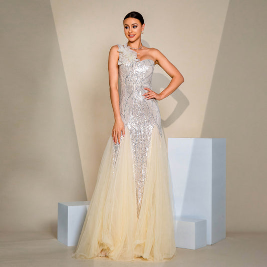 One-shoulder Diagonal Collar Slim-fit Sheath Sequined Slit Evening Dress - Leggings Co