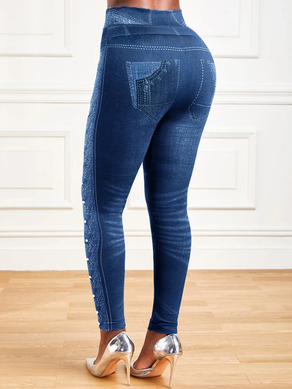 Women's High-Stretch Denim Print Leggings – Tummy Control, High-Waisted, Yoga Ready - Leggings Co