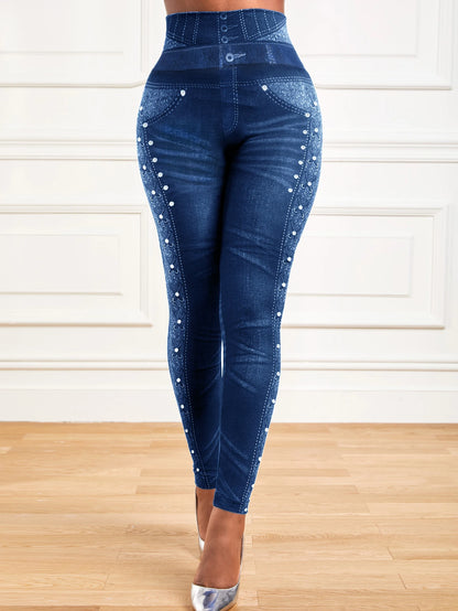 Women's High-Stretch Denim Print Leggings – Tummy Control, High-Waisted, Yoga Ready - Leggings Co