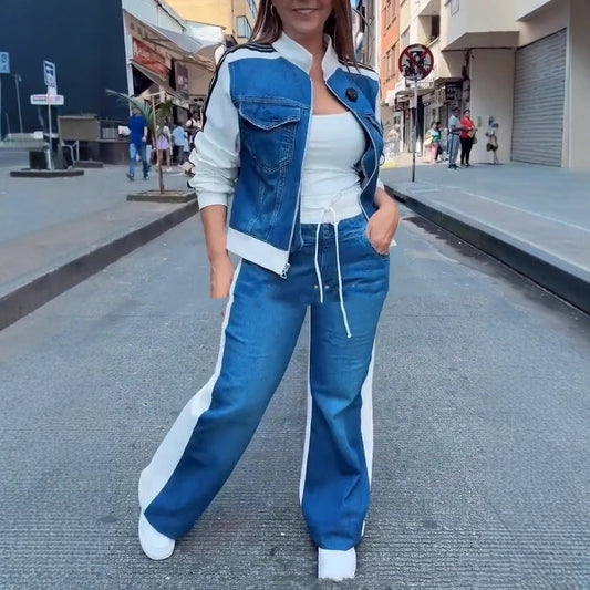 Women's Fashion Denim Stitching Long-sleeve Zipper Two-piece Set - Leggings Co