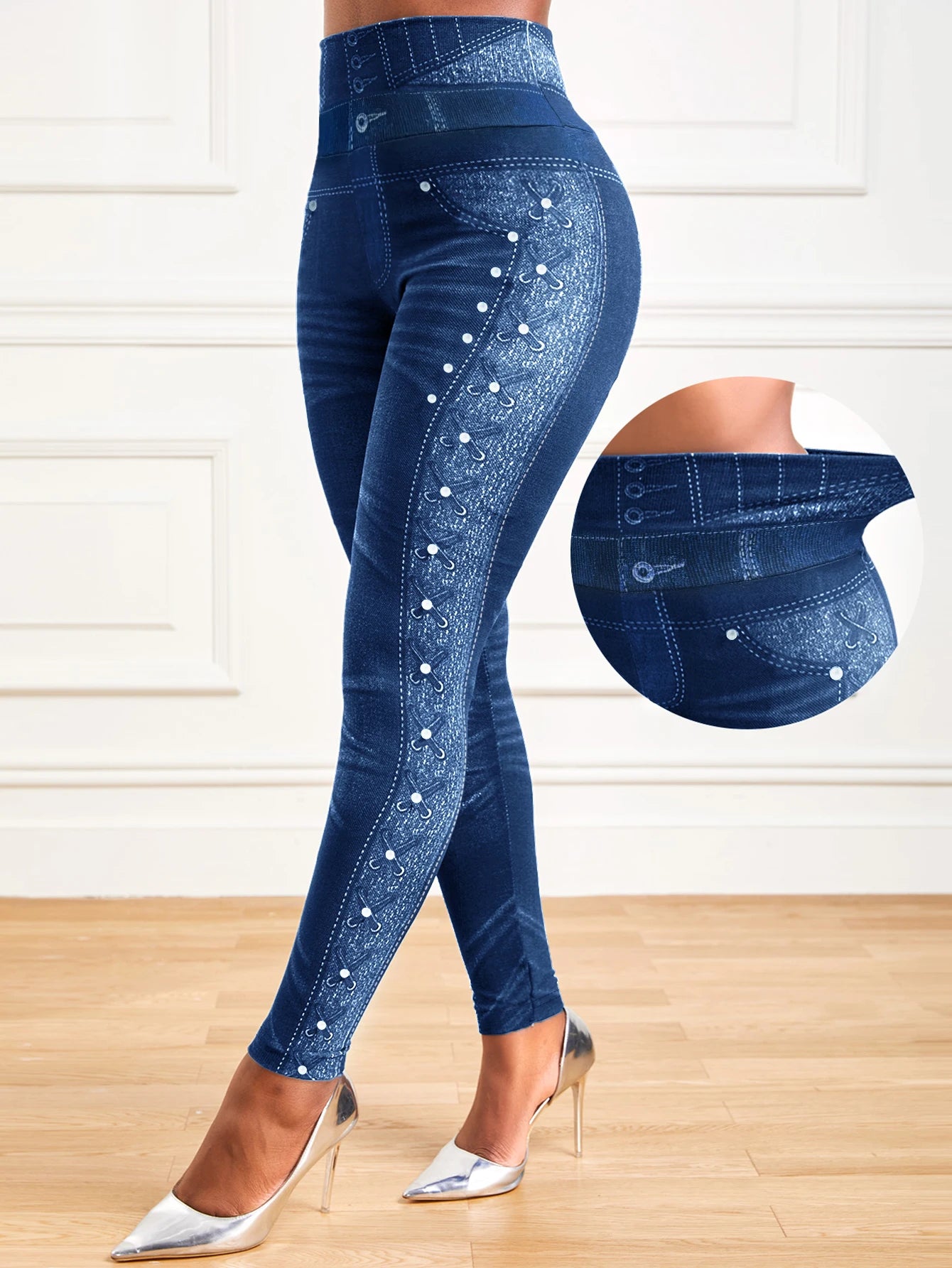 Women's High-Stretch Denim Print Leggings – Tummy Control, High-Waisted, Yoga Ready - Leggings Co