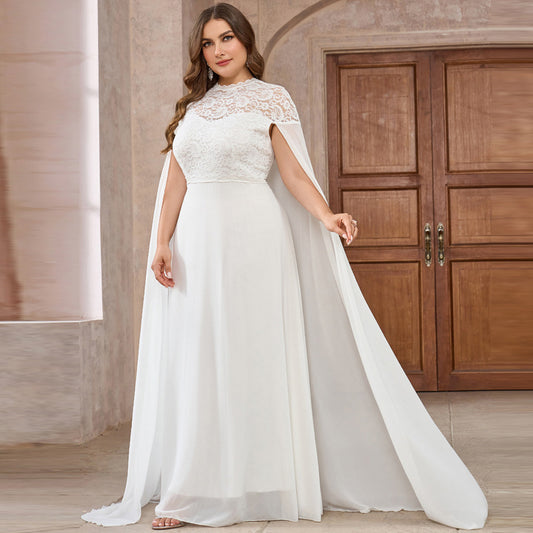 Women's Plus Size Solid Color Elegant Chiffon Round Neck Lace Stitching Cloak Evening Dress - Leggings Co