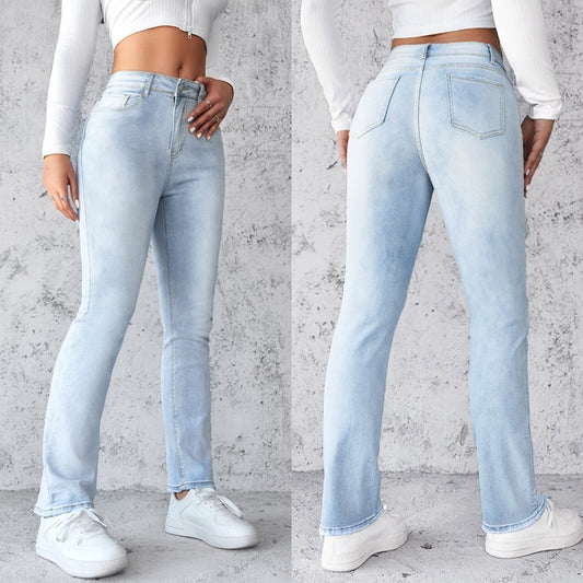 Women's Straight Leg Slim Fit Jeans, Fashionable And Simple Light Blue Pants - Leggings Co