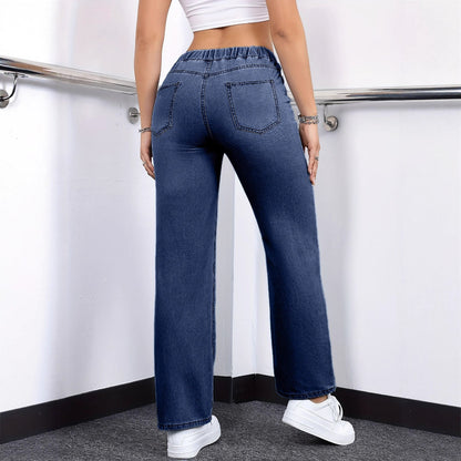 Oversized Jeans Drawstring Elastic Waistband Plain Washed Blue Casual - Leggings Co
