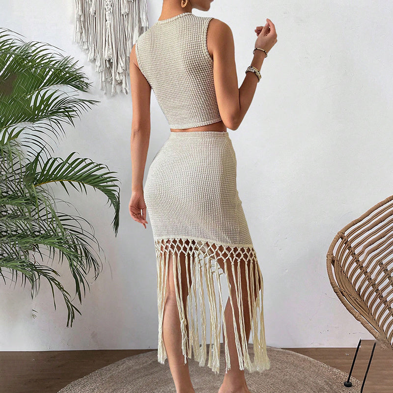 Two Piece Skirt Set For Women - Sleeveless Crop Top And Body