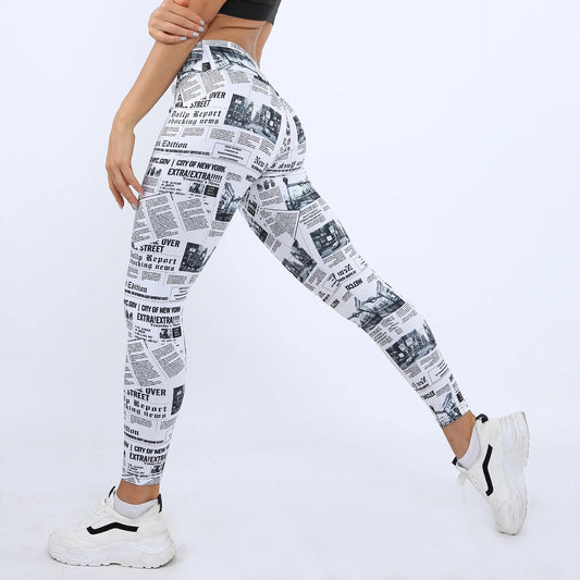High Waist Seamless Yoga Pants Women Newspaper Letter Print - Leggings Co